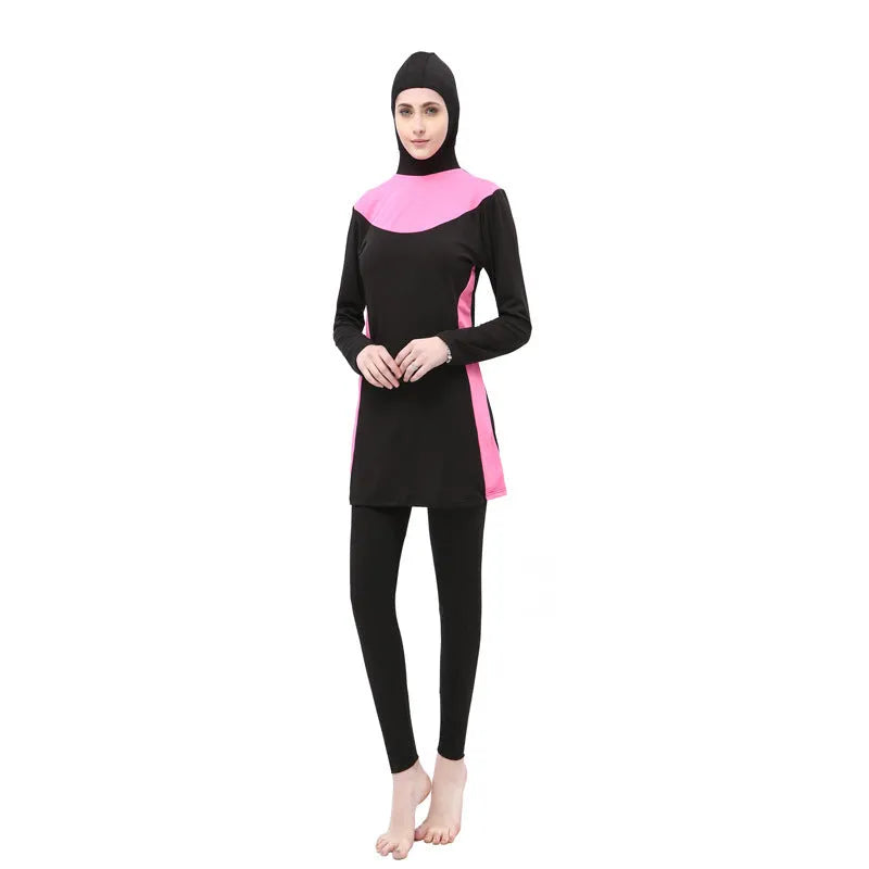 Women's hooded long sleeve swimsuit in black with colour trim options