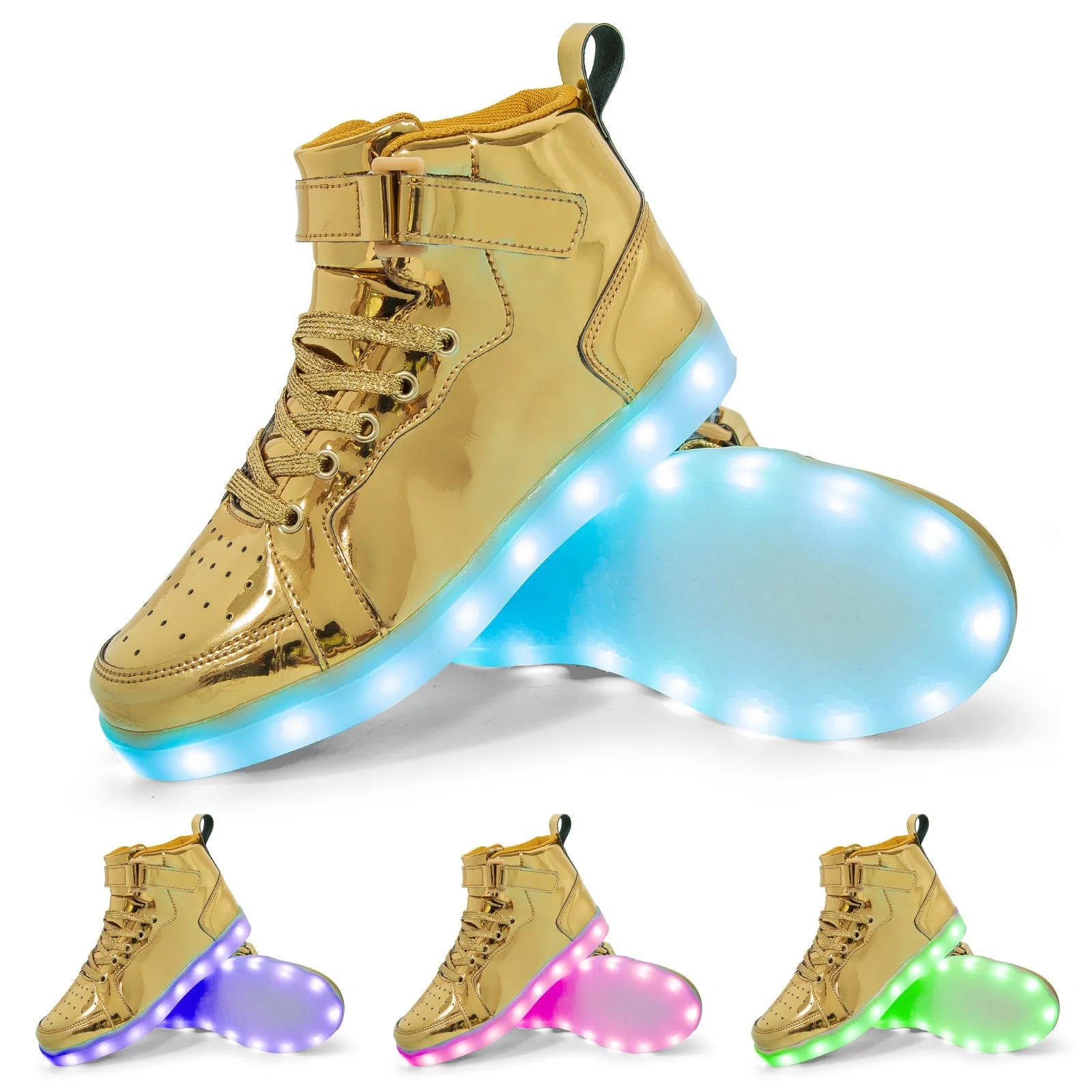 Light-up high-top board shoes with Velcro strap and rechargeable LED lights on display
