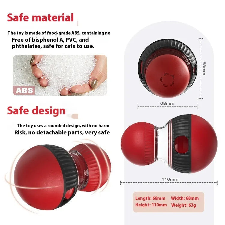 Rotating plastic cat toy with sound features and treat openings measuring 155mm with super ball accessory