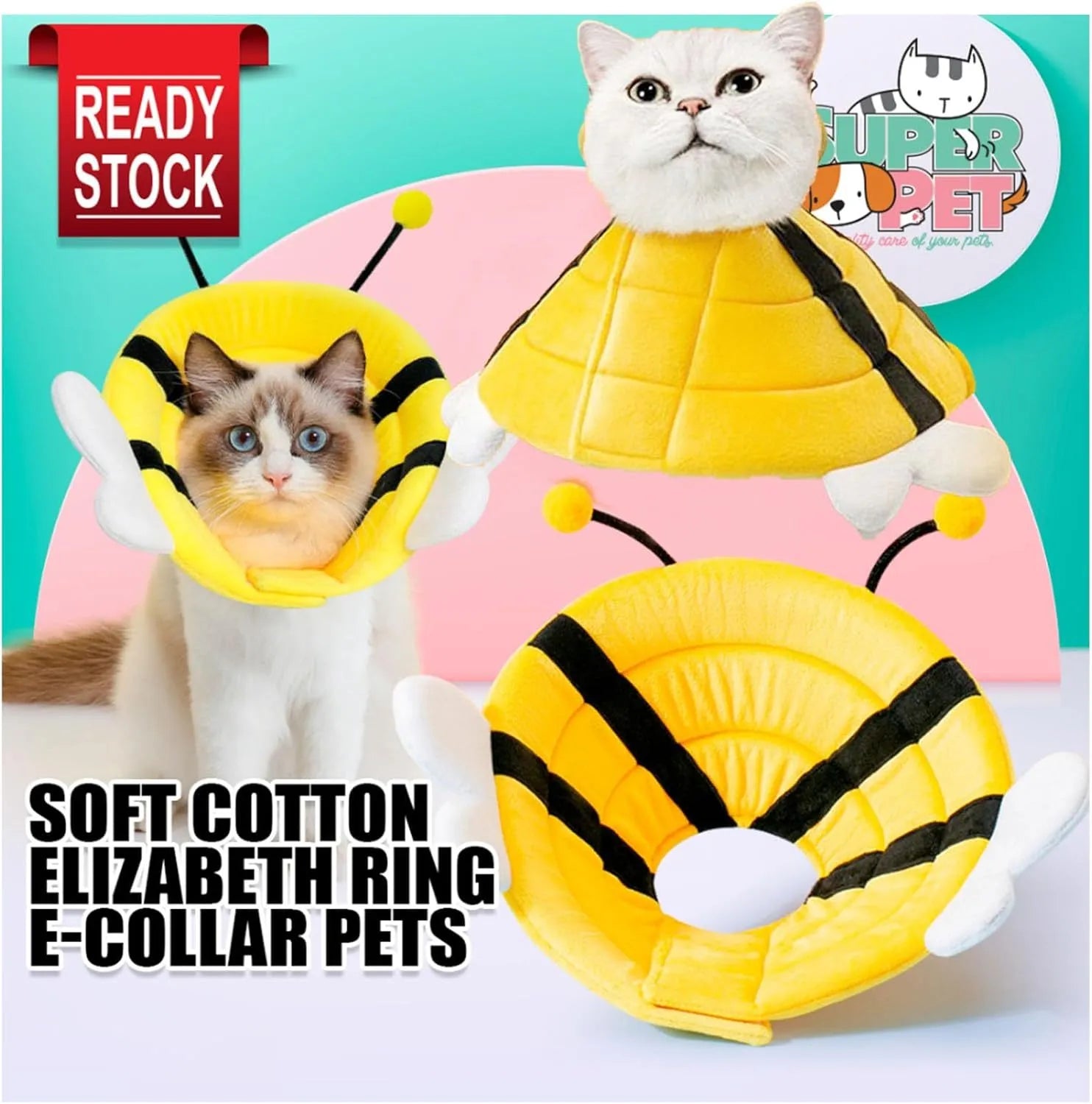 Soft fabric cat cone collar with bee design showing adjustable velcro closure