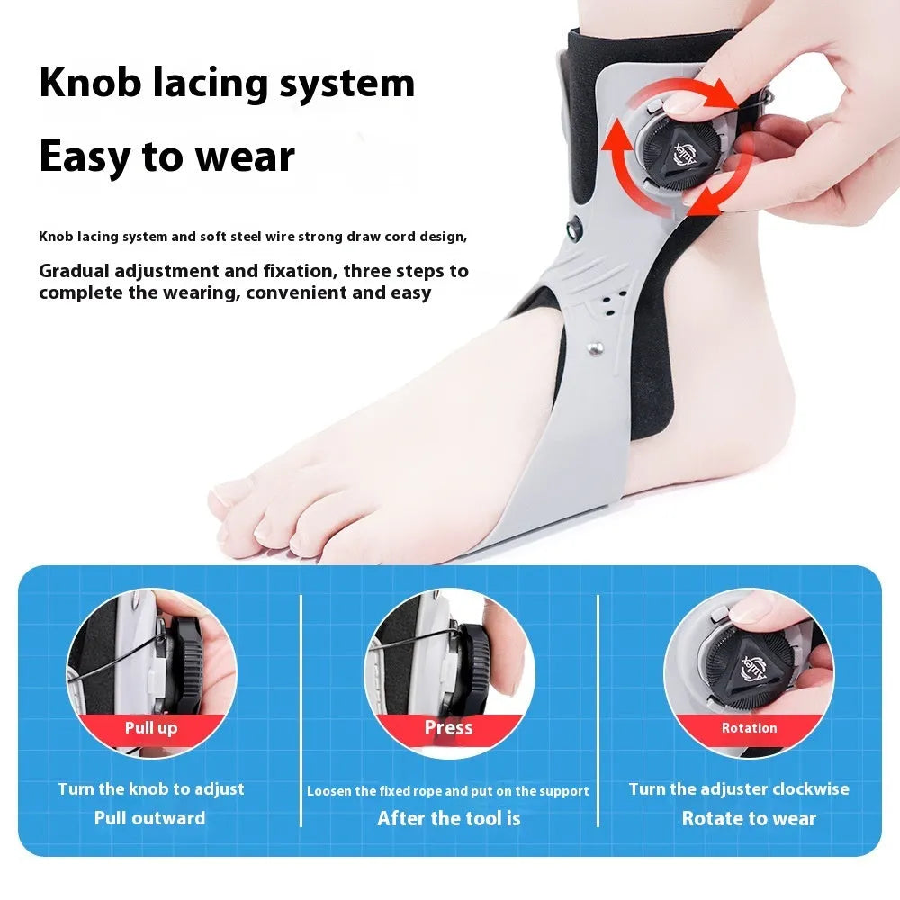 Grey ankle support brace with an airbag button adjustment system shown on a foot.