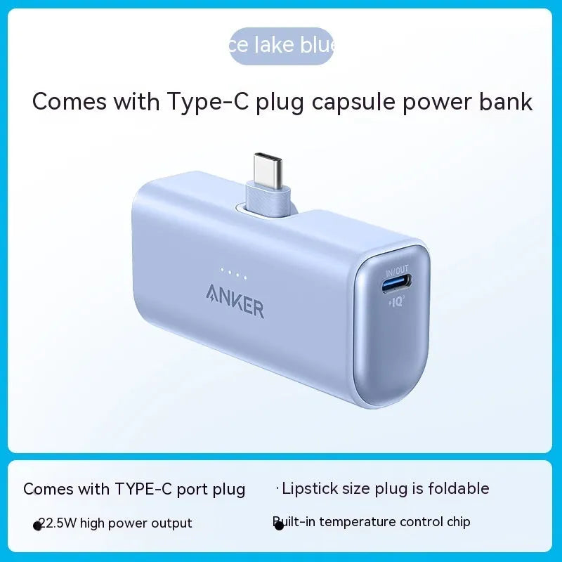 Compact capsule power bank with foldable USB-C head in black white green blue pink colours