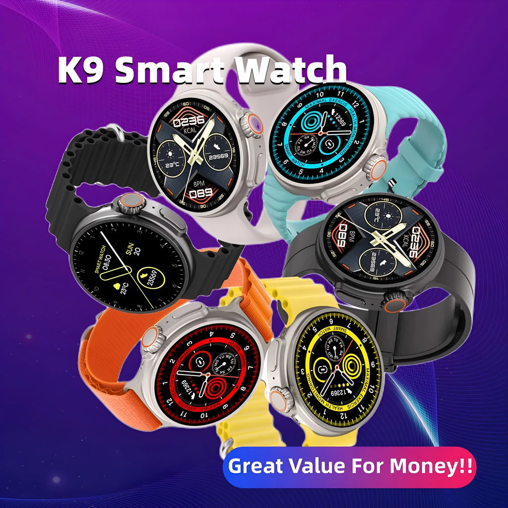 K9 smart watch with black silicone strap and round screen on a wrist