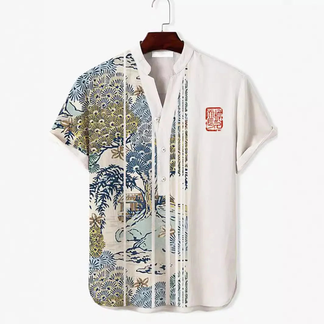 Men's 3D digital animal print short sleeve shirt in polyester fabric showing graphic design detail