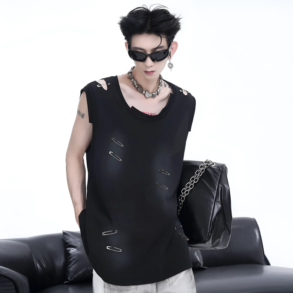 Men's black waistcoat vest with ripped irregular cutting detail, round neck, and sleeveless t-shirt style.