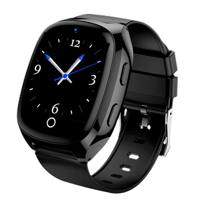 Black GPS tracker phone watch with 1.54-inch touch screen showing interface and SOS button