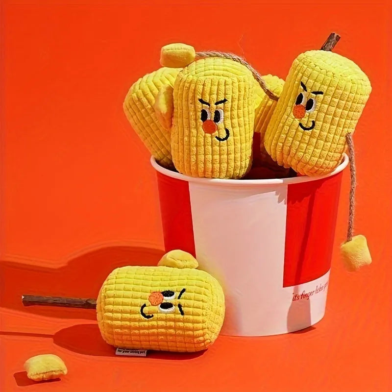 Corn cob shaped cat chew toy made from natural polio wood with catnip, measuring 7cm by 6cm by 15cm.