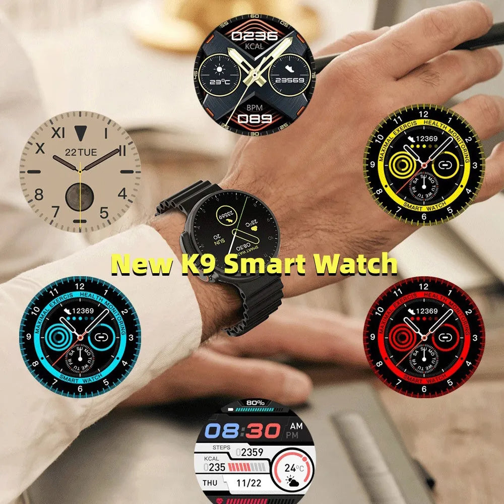 K9 smart watch with black silicone strap and round screen on a wrist