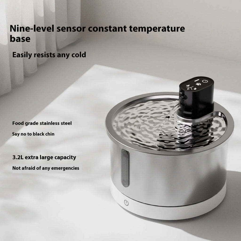 Stainless steel cat water fountain with ceramic base and LED temperature display