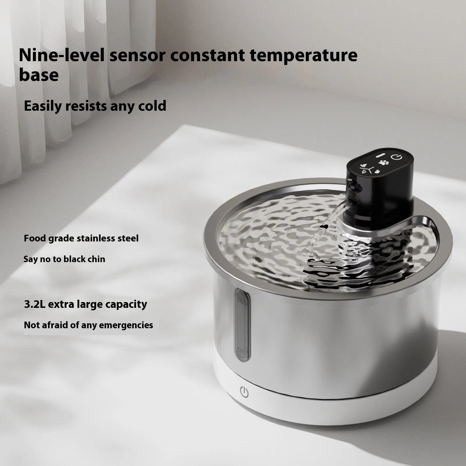 Stainless steel cat water fountain with ceramic base and LED temperature display