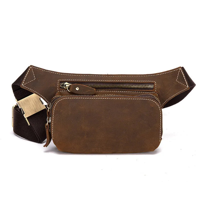 Brown men's cowhide sports waist bag shown with pull closure.