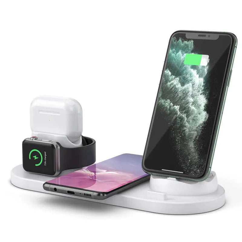 Black 6-in-1 wireless charging station with phone holder charging iPhone, AirPods, and Apple Watch