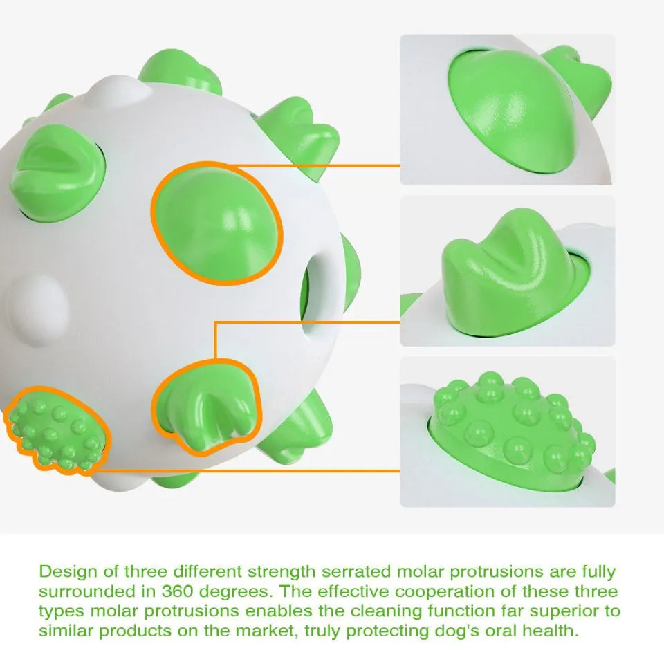 Dog teething chew toy ball with serrated bumps in blue, green, and yellow options