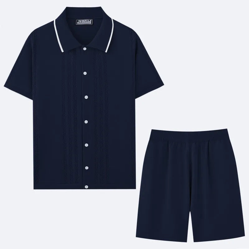 Khaki coloured short sleeve sweater top and matching shorts from a business casual two-piece set.