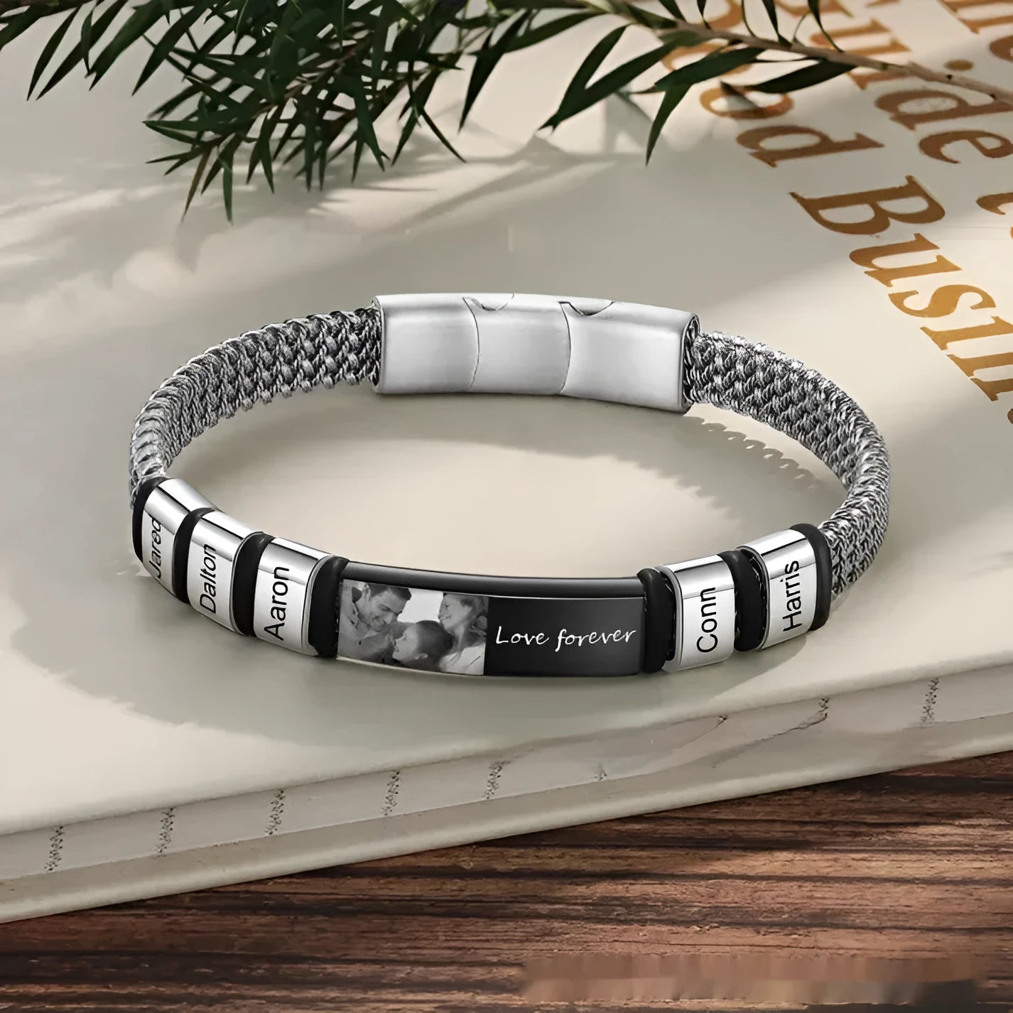 Titanium steel lettering bracelet with leather rope and heart shape bead