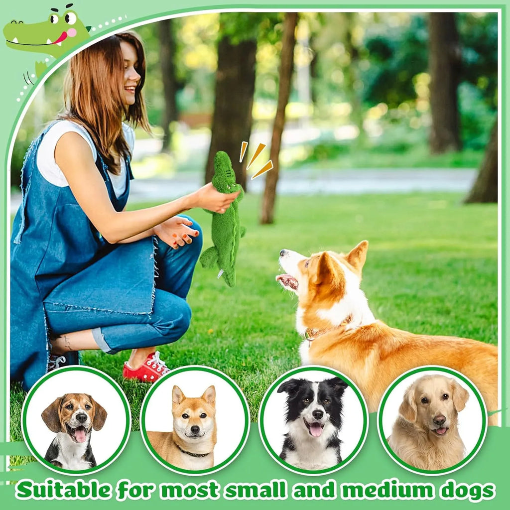 Green crocodile plush dog toy with no stuffing, for aggressive chewers with squeaker and crinkle sounds.