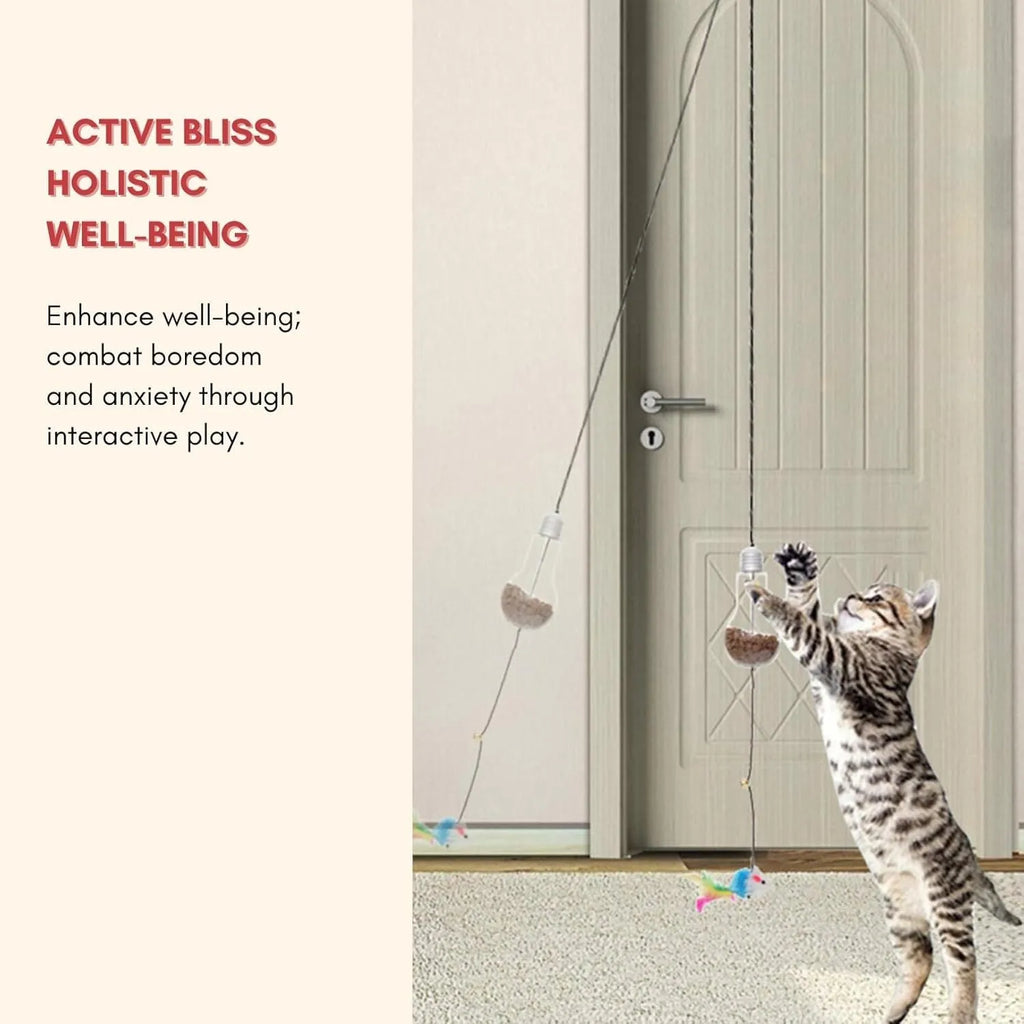 Grey and yellow interactive cat toy with dangling mouse, elastic rope, and treat dispenser for door frames