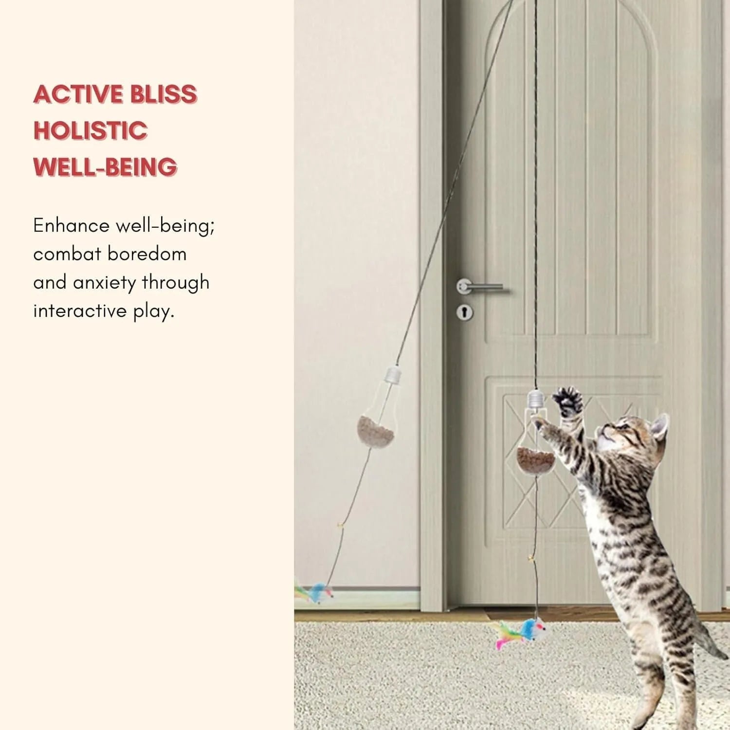 Grey and yellow interactive cat toy with dangling mouse, elastic rope, and treat dispenser for door frames