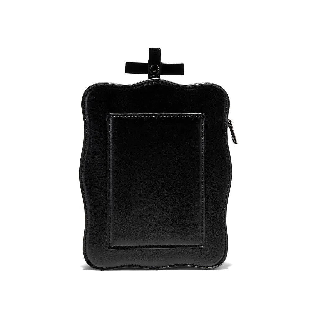 Black mini square crossbody bag with Halloween skull embossed design and chain accents