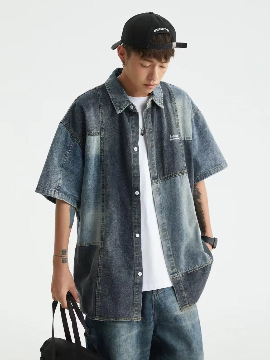 Blue Japanese-style denim shirt with washed stitching, loose fit, and cardigan style for men