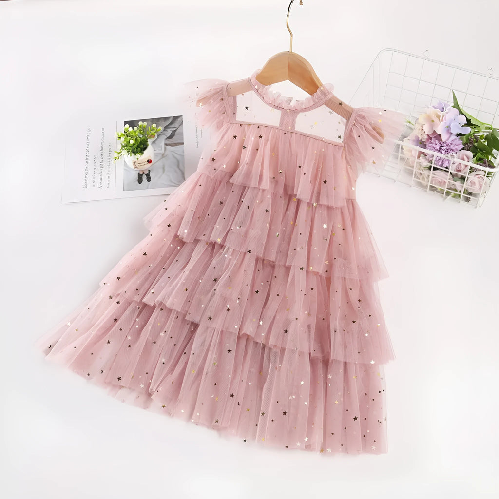 Girls sleeveless sequin star cake dress with cotton lining in blue, available in multiple sizes