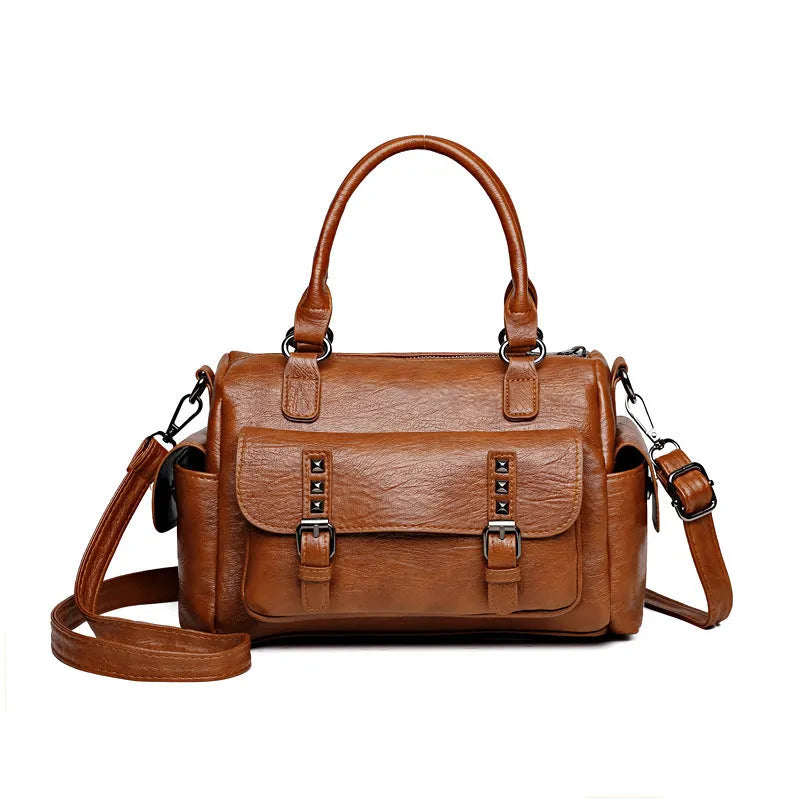 Large vintage messenger bag in horizontal square shape with contrast stitching, shown in available colour options