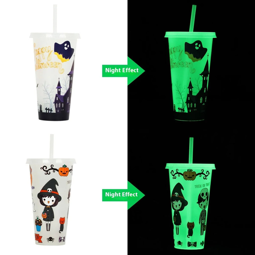 Halloween-themed luminous plastic straw cup with 720ml capacity in assorted colours
