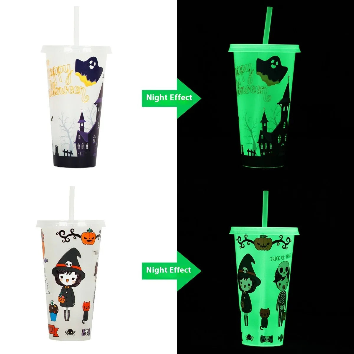Halloween-themed luminous plastic straw cup with 720ml capacity in assorted colours