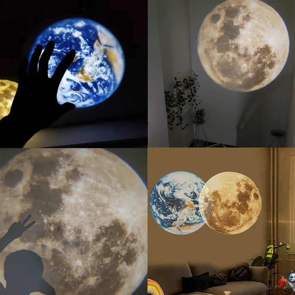 White ABS plastic star projector lamp with adjustable hose bracket showing earth and moon projection chips.