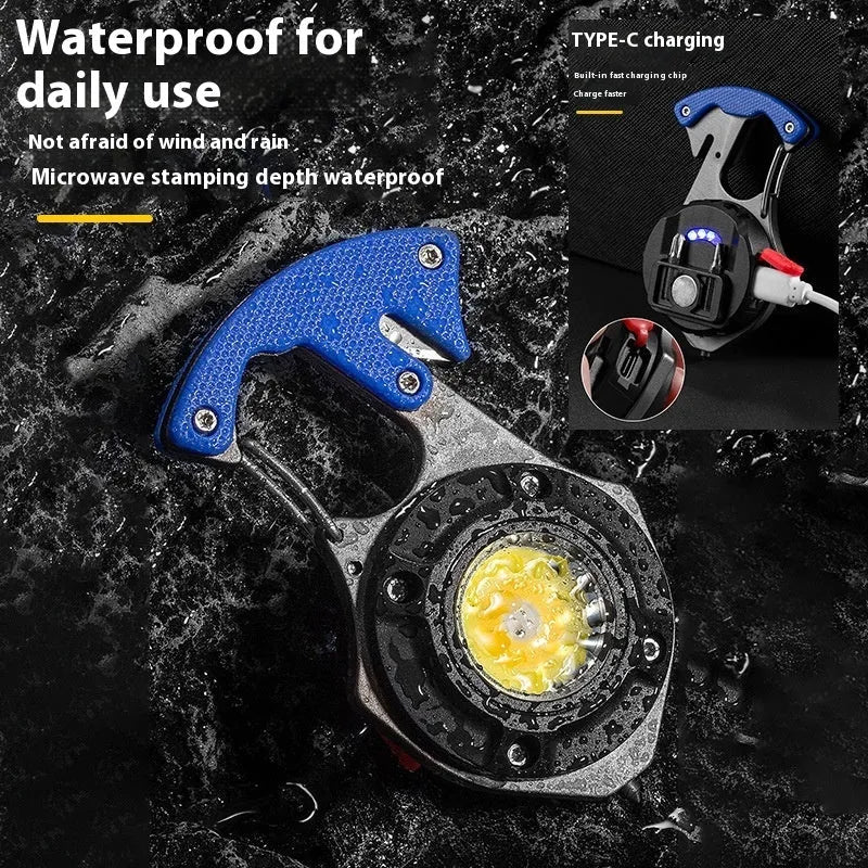 Compact multifunctional keychain flashlight showing light modes, window breaking hammer, screwdriver, and keyring attachment.