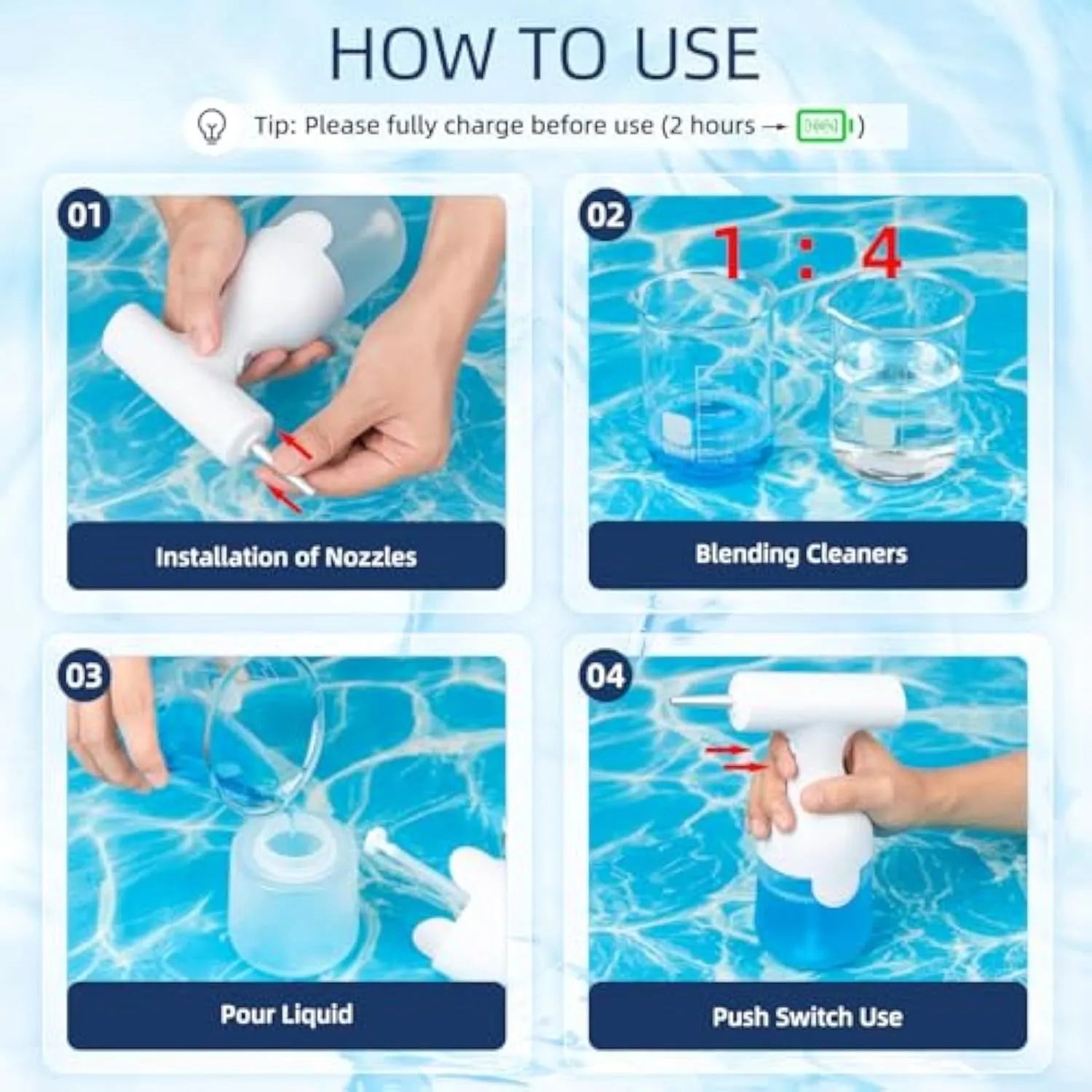 White electric foam soap dispenser with two nozzles and USB charging cable for pet bathing and household cleaning