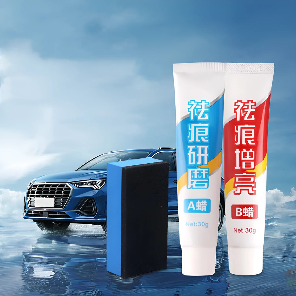 Car repair wax kit with two wax containers and frosted sponge mop for scratch removal and polishing