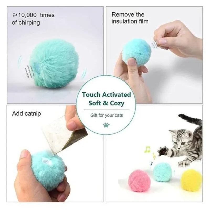 Interactive cat toy ball with touch-activated animal sounds and removable catnip lid