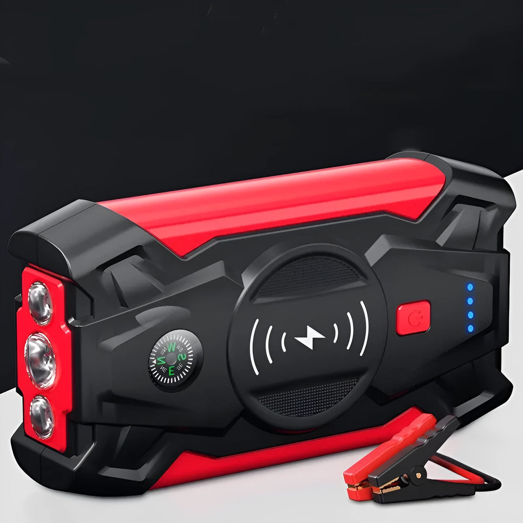 Red car emergency battery starter with digital display and air pump accessory