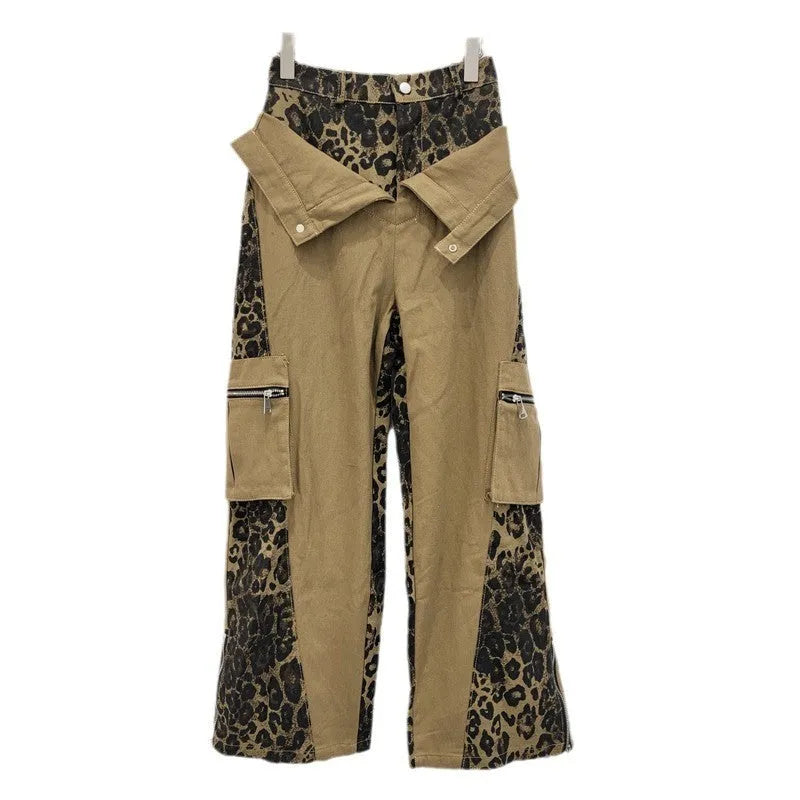 Women's dark khaki leopard print high waist jeans with straight leg cut and tooling style details