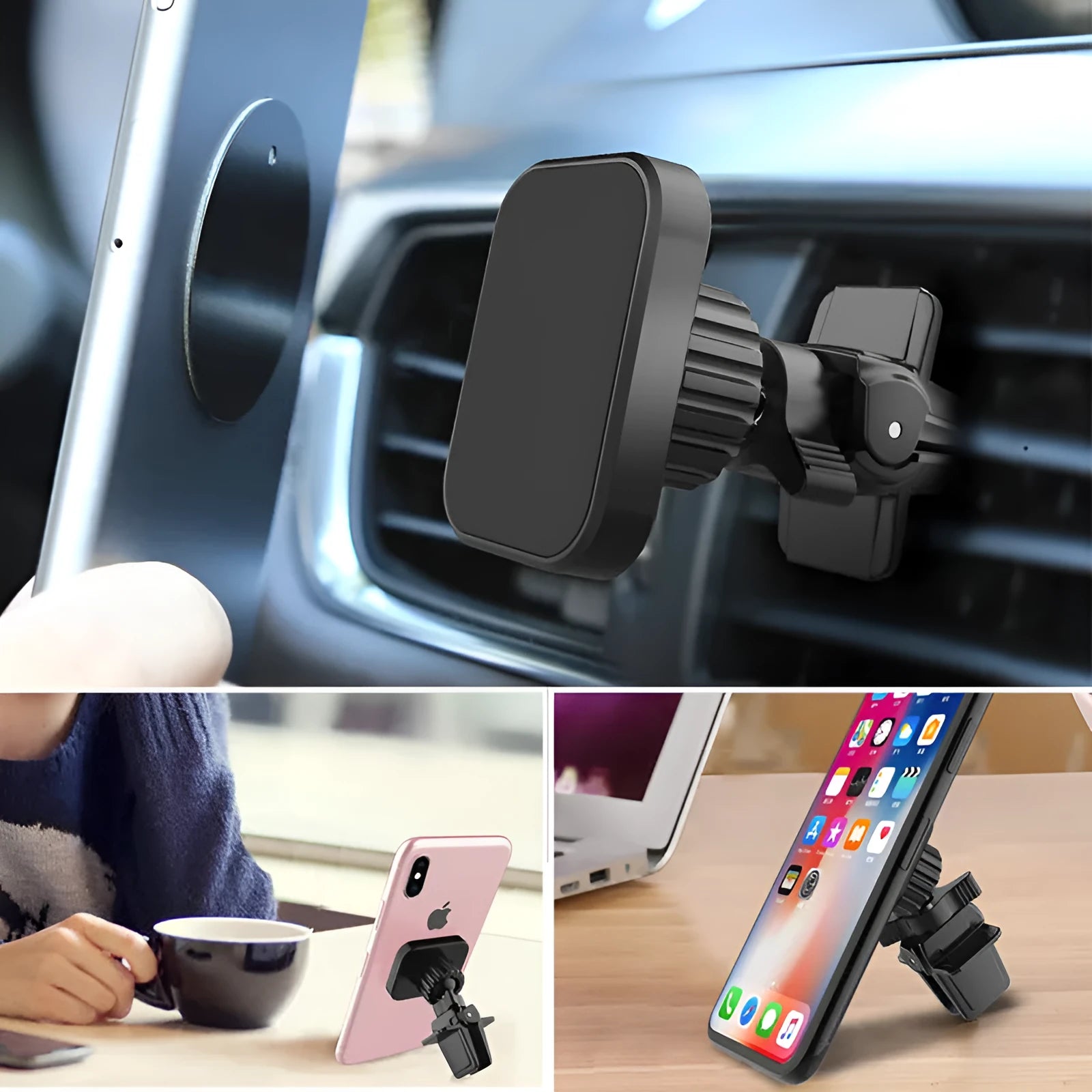 Black magnetic car phone holder mounted in vehicle air vent with mobile device attached