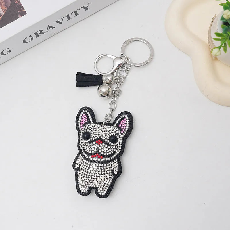 Rhinestone dog bear pig cartoon animal alloy keychain in caramel, grey, lake blue or white colours, 5-7 cm.