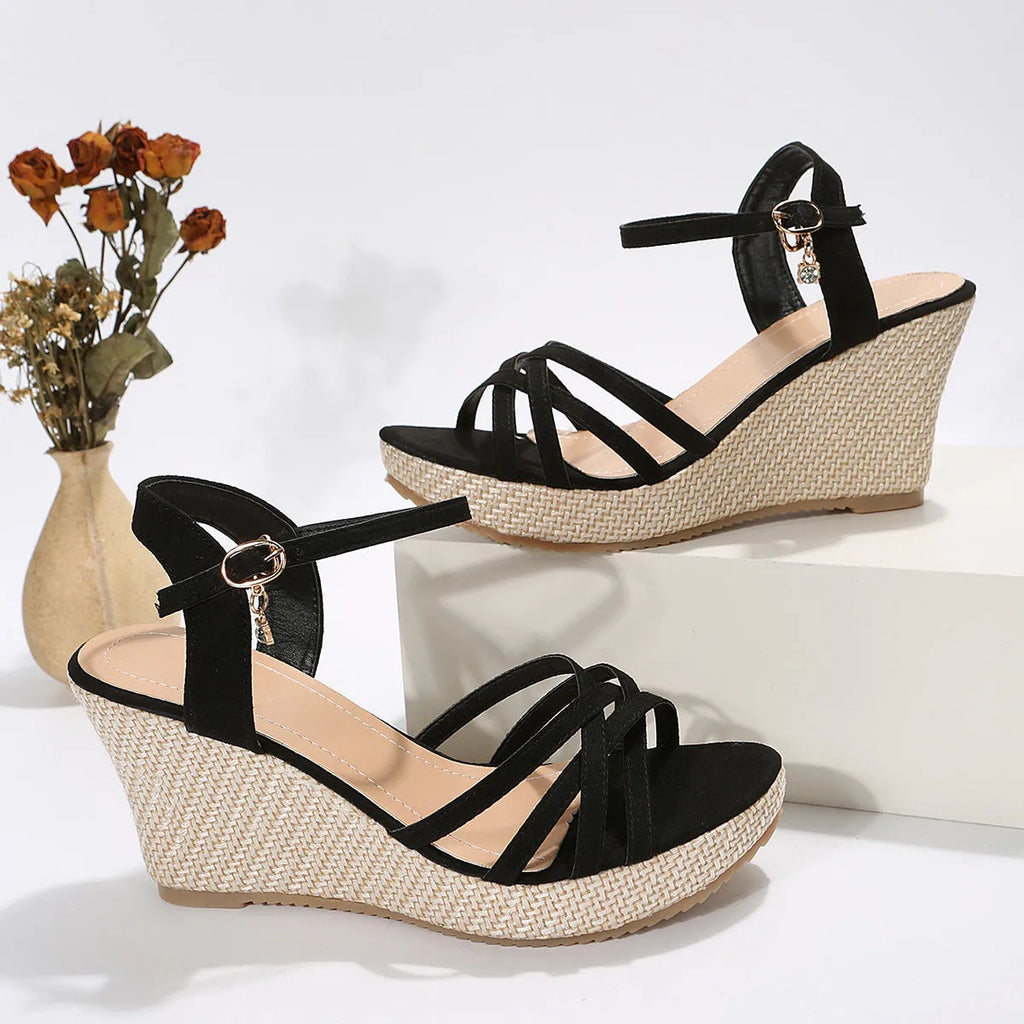 Women's black wedge sandals with fish mouth toe and cloth upper, size 38