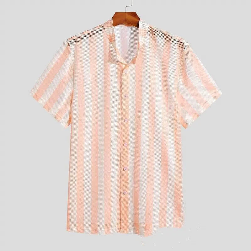 Pink men's short-sleeve cardigan shirt with a waffle-knit texture on a hanger.