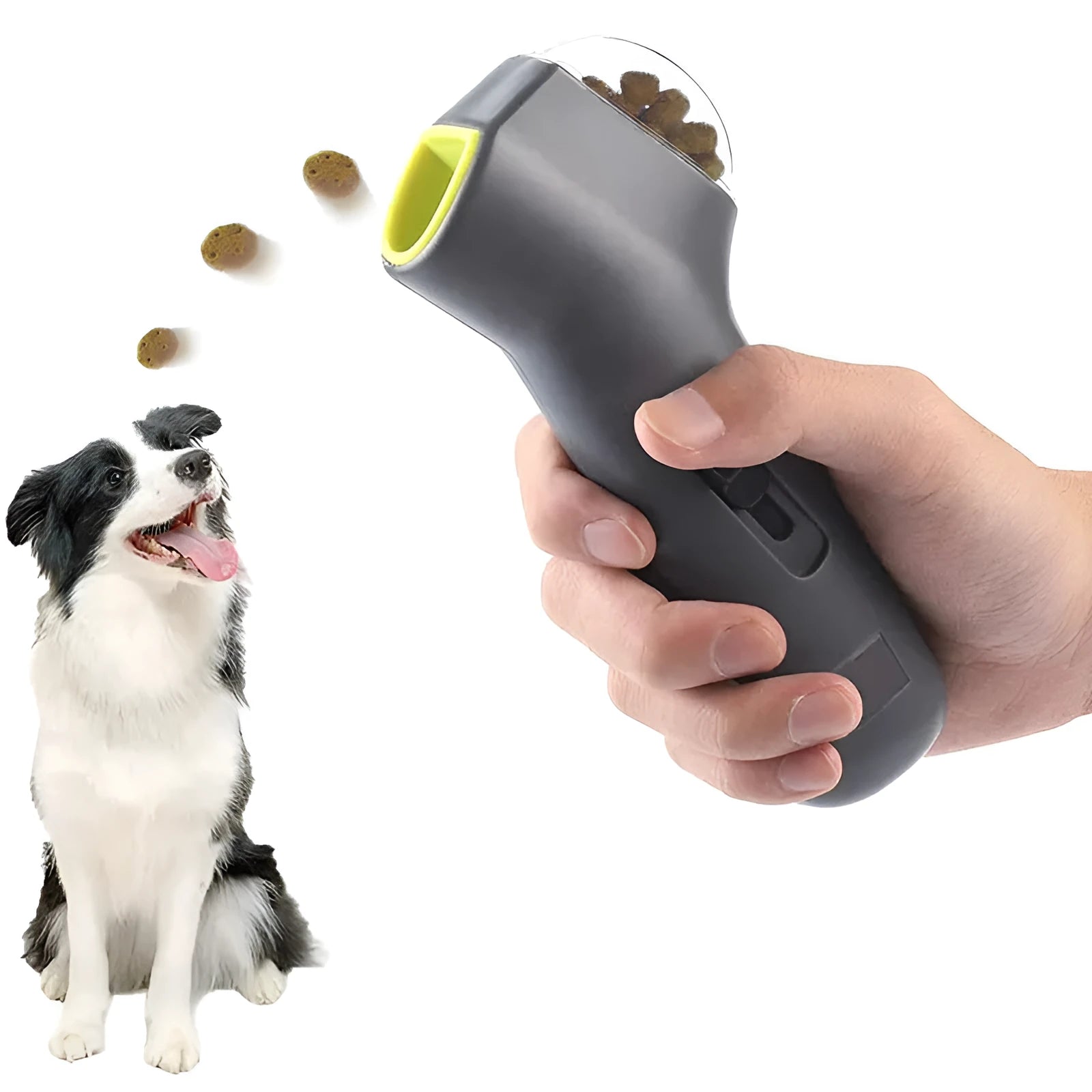 Grey plastic dog training toy with snack catapult launcher showing 18cm portable design