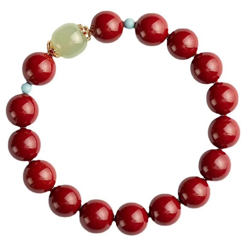 Purple gold sand cinnabar bracelet with geometric ellipse beads, shown in low and high purity content options.