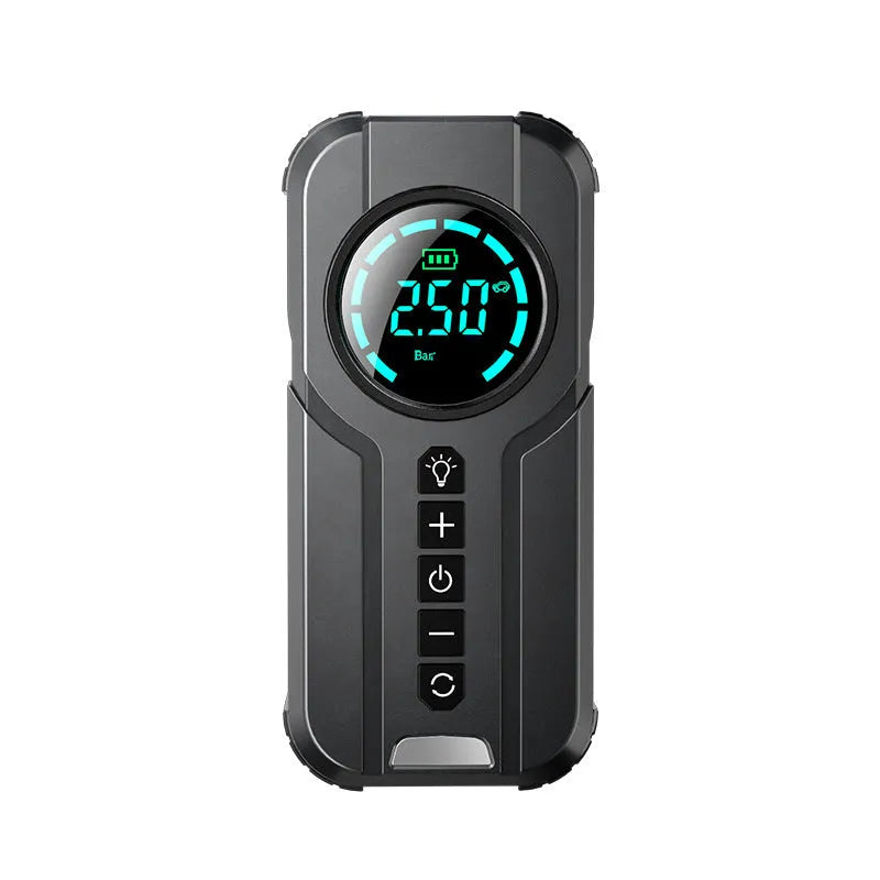 Black portable wireless car air pump with 6000mAh battery, 12V cable, and accessories kit on a grey background.