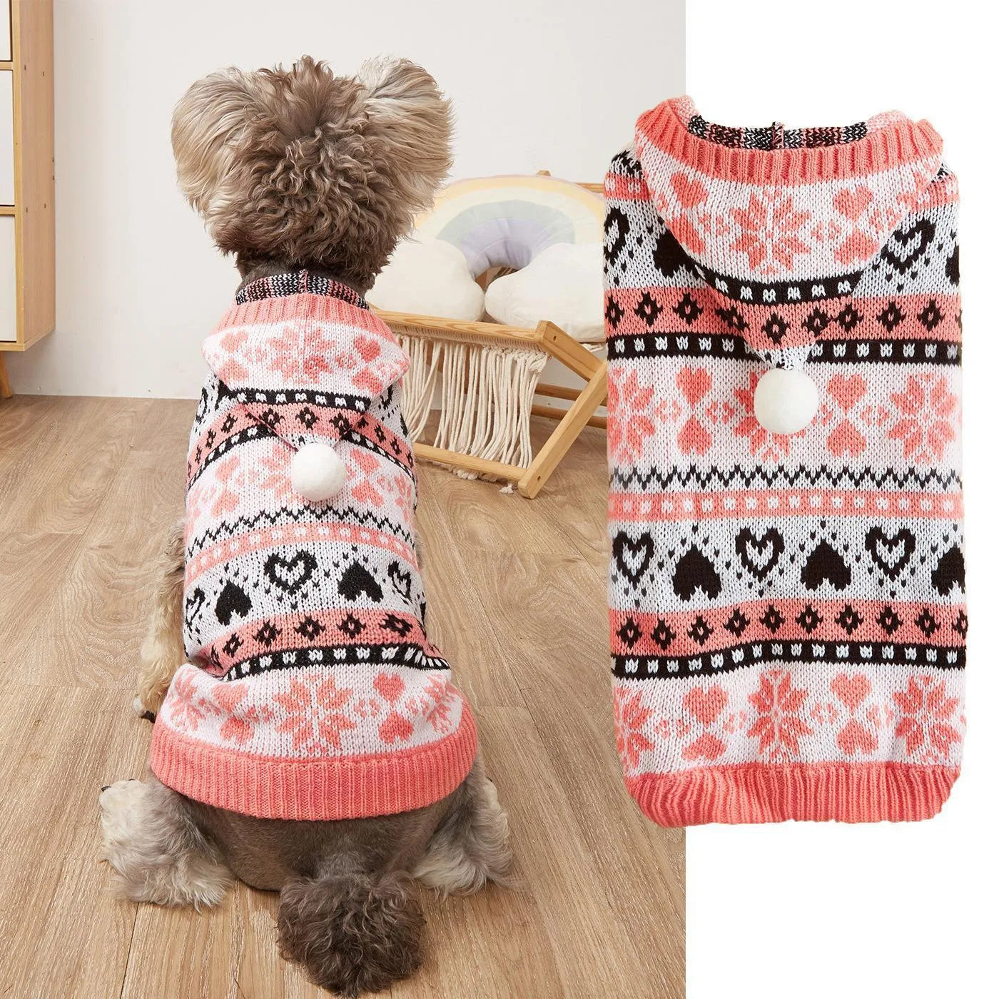 Acrylic dog sweater with snowflake pattern and love stripe camouflage design