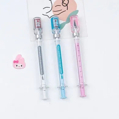 White and blue vaccine pen design gel pen with cap, shown next to a black full needle tube refill.