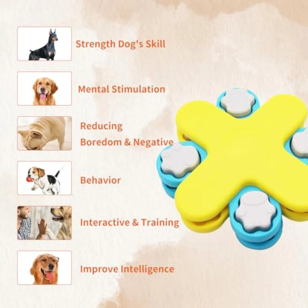 Yellow interactive dog puzzle feeder bowl with rotating lids and anti-slip base.