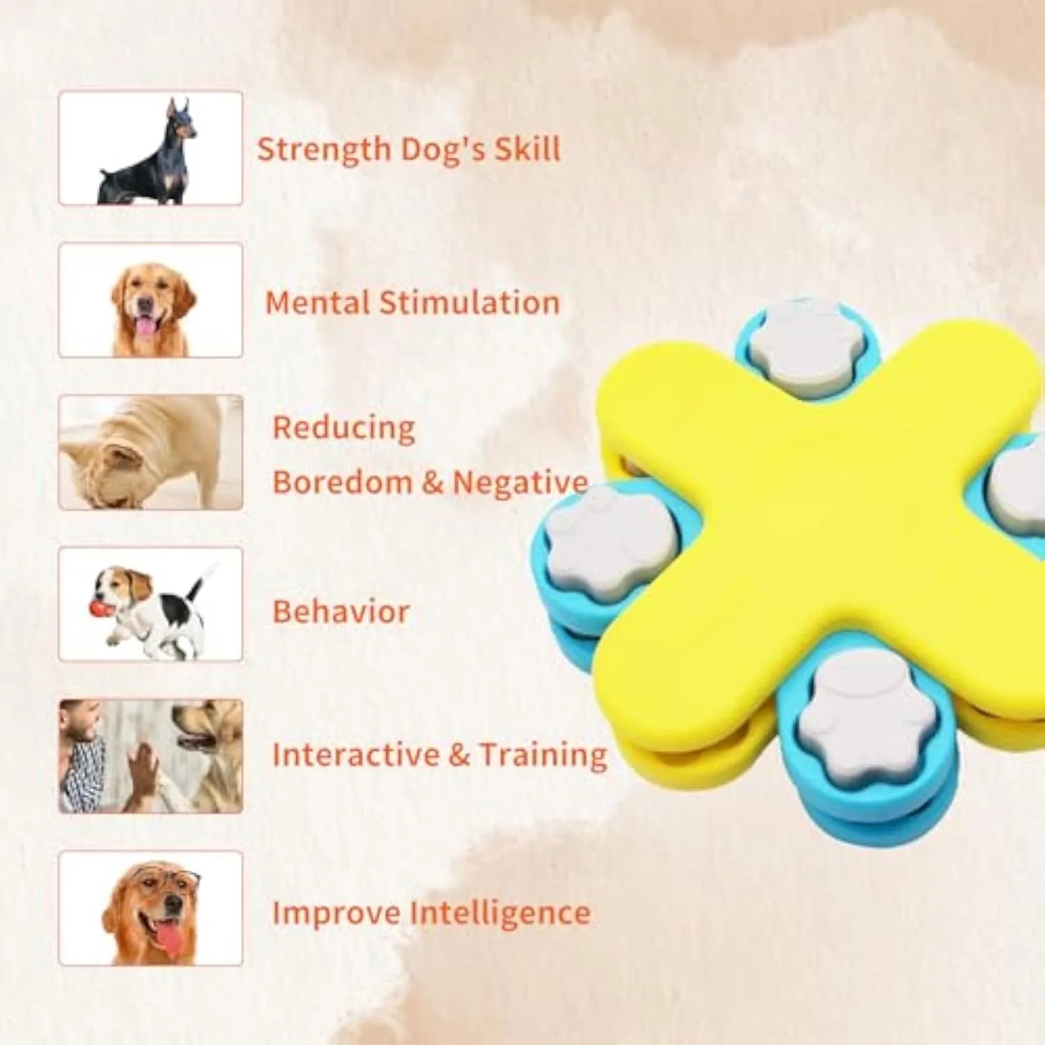 Yellow interactive dog puzzle feeder bowl with rotating lids and anti-slip base.