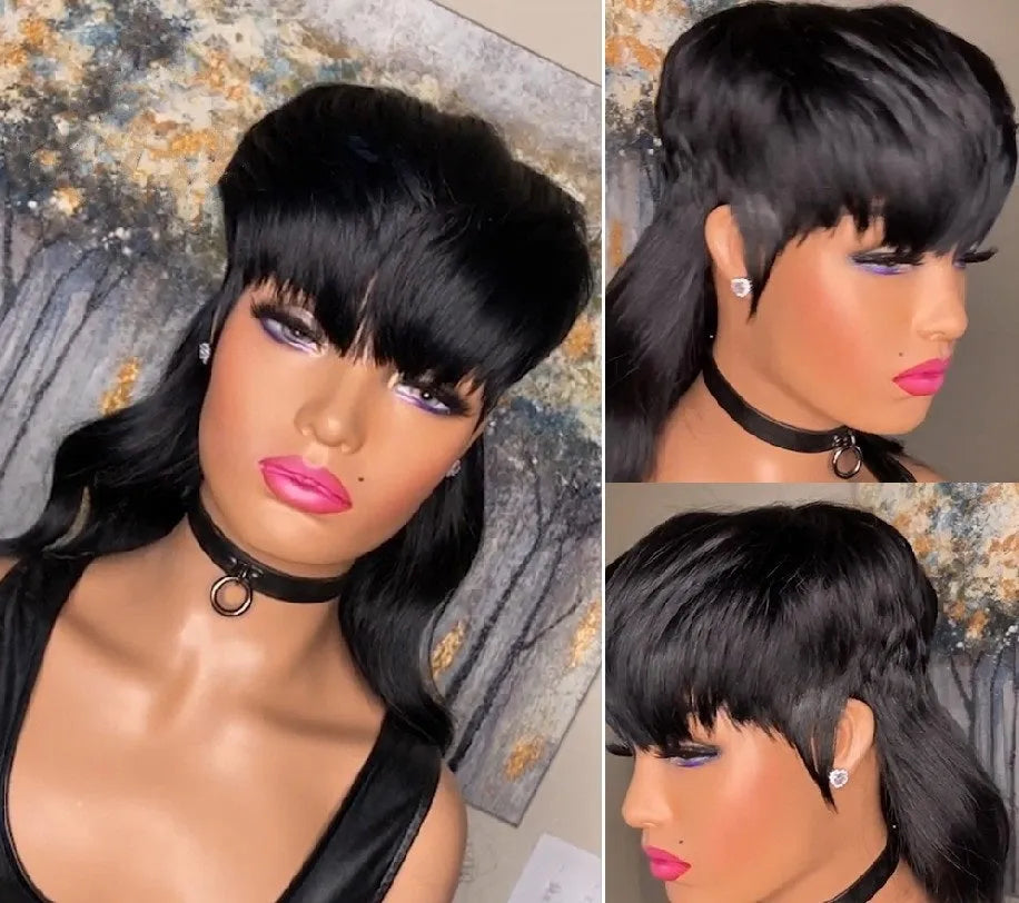 Brazilian style synthetic wig with black bangs, short hair at front and long hair at back.