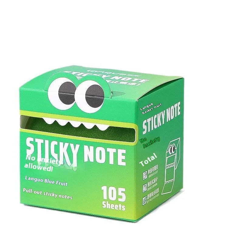 Box of pearl gradient transparent pull-out sticky notes for students, showing 105-page pad and colour options.