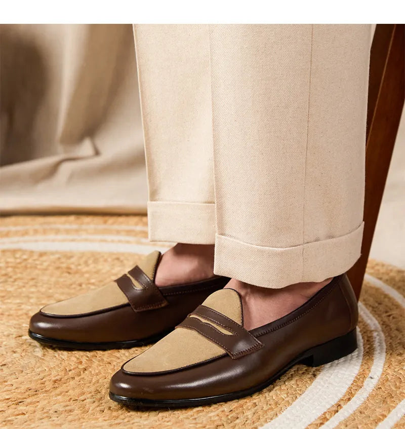 Coffee grey suede Belgium loafers for men with a slip-on design and rubber sole.