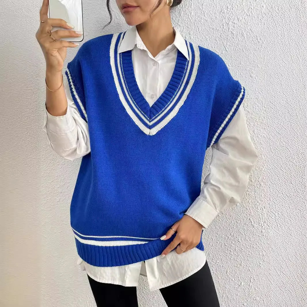 Women's loose fit wool blend vest sweater in blue colour free size pullover